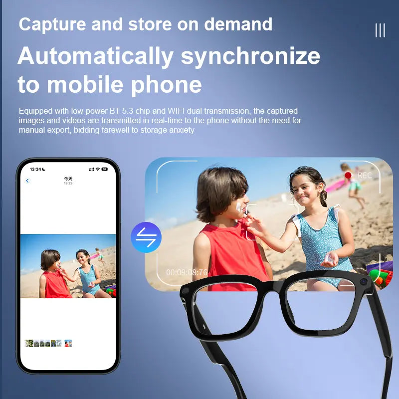 Smart Bluetooth Glasses with Camera, 1080P Video Recording Wearable Glasses, Multifunctional Wireless Audio Glasses with Headphone, Outdoor Sports Camera Sunglasses with Intelligent Voice Assistant, Anti-Blue Light Protection Eyeglass