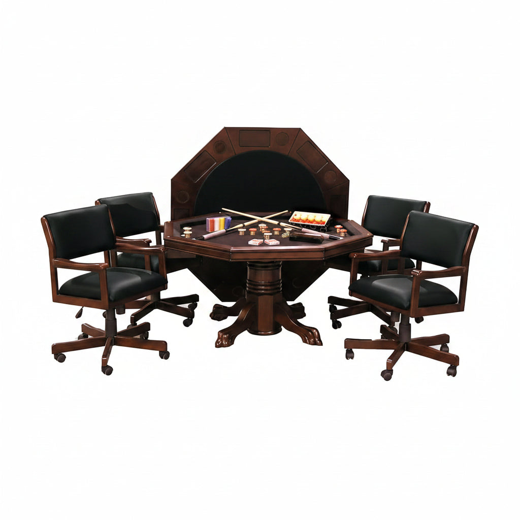 3-In1 Combination Game & Dining Table Set with 4 Rocker-Swivel Chairs- (Mahogany Finish)