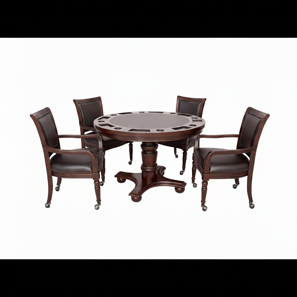 Bridgeport 2 in 1 round Poker Table and Chairs Set for Dining & Game Rooms – Furniture Grade Hardwood, Sturdy Pedestal Legs, Drink Holders, Chip Slots – Includes 4 Poker Table Chairs - Walnut
