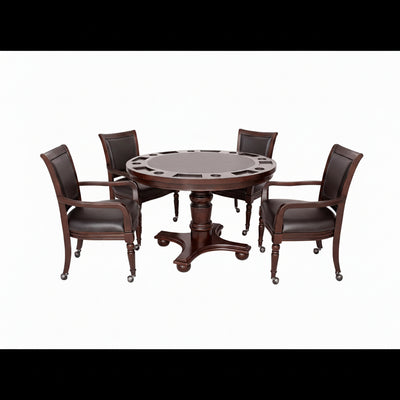 Bridgeport 2 in 1 round Poker Table and Chairs Set for Dining & Game Rooms – Furniture Grade Hardwood, Sturdy Pedestal Legs, Drink Holders, Chip Slots – Includes 4 Poker Table Chairs - Walnut