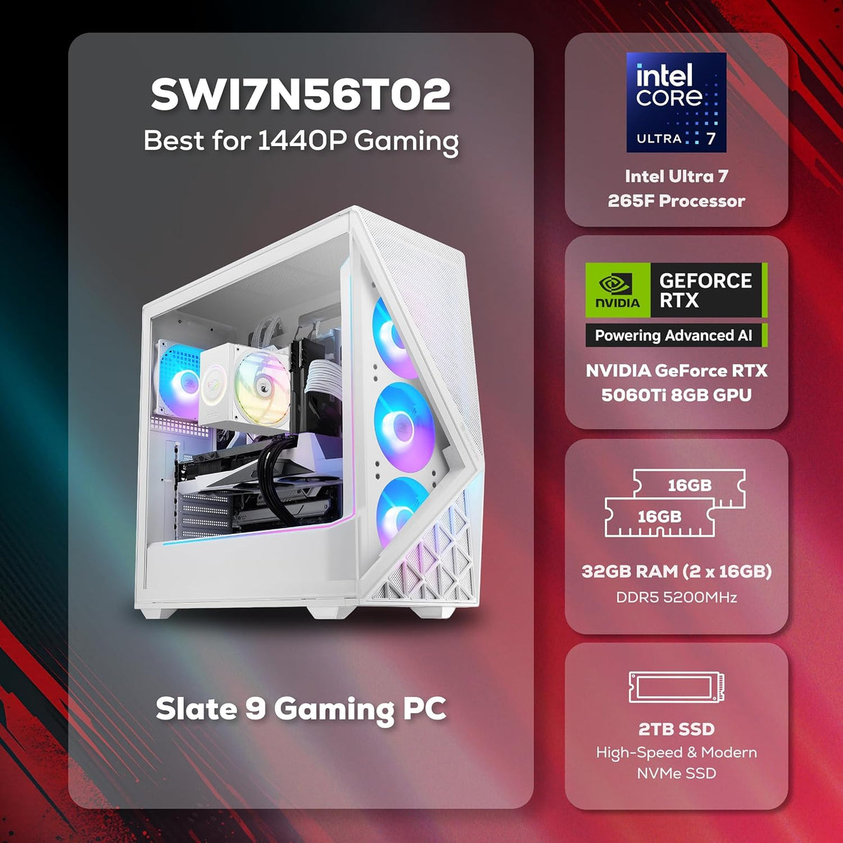 Slate Gaming PC Desktop Computer Intel Core Ultra 7 265F CPU, NVIDIA Geforce RTX 5060Ti 8GB GPU, 32GB DDR5 5200Mhz RAM, 2TB Nvme SSD, Windows 11 Home, Gamer Keyboard and Mouse - SWI7N56T02