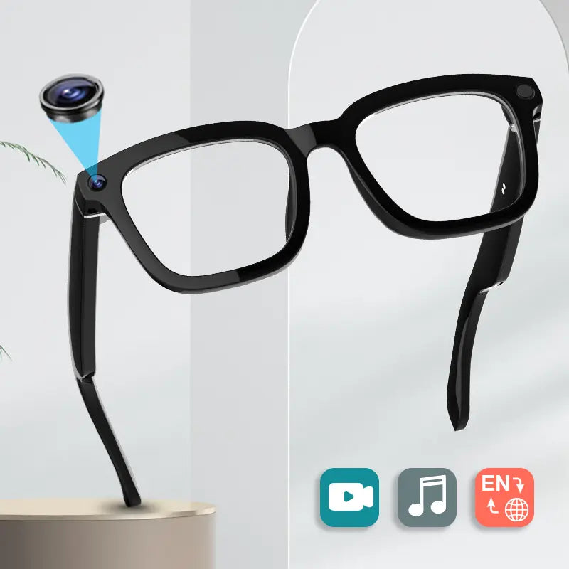 Smart Bluetooth Glasses with Camera, 1080P Video Recording Wearable Glasses, Multifunctional Wireless Audio Glasses with Headphone, Outdoor Sports Camera Sunglasses with Intelligent Voice Assistant, Anti-Blue Light Protection Eyeglass