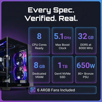 Gaming PC Desktop, AMD Ryzen 5 9600X, Geforce RTX 5060Ti, 32GB DDR5 RAM, 1TB NVME SSD, 650W PSU, Windows 11, Wifi — Results & Stats