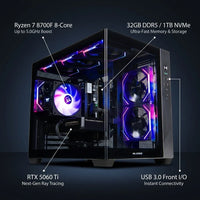 Gaming PC Desktop Built to Deliver High FPS, AMD Ryzen 7 8700F, RTX 5060 Ti, 32GB DDR5, 1TB NVMe SSD — infographic